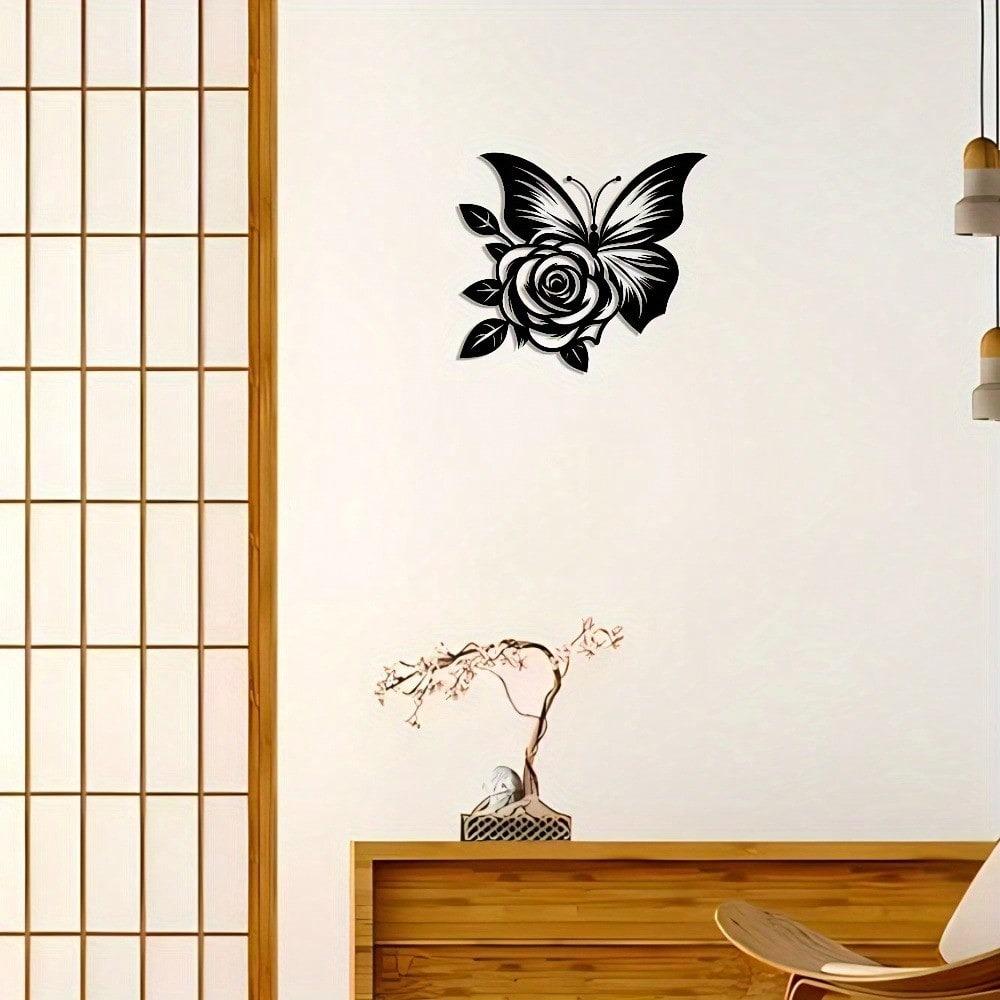 1 Iron Butterfly Rose Metal Wall Art, Elegant Abstract Design, Versatile Wall Decor With A Detachable Craft Logo