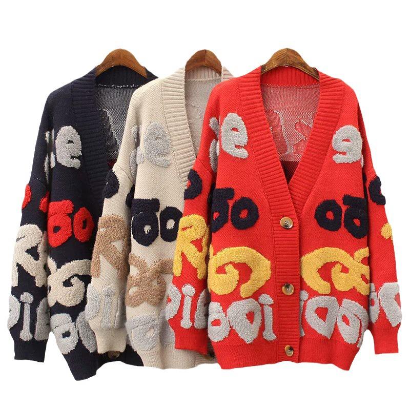 Новый свободный вязаный кардиган в корейском стиле: Осень/Зима, Контрастный дизайн букв, Повседневный женский свитер