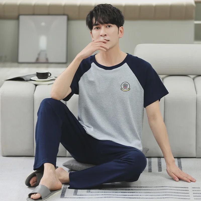 Men's Summer 2023 Cotton Pajama Set - Short-Sleeve Top & Trousers, Loose Fit, Large Sizes