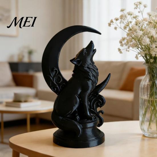 Lone Wolf Crescent Moon Art 3D Printed Howling Sculpture with Base, Matte Nordic Style Home Ornament Black Finish Collector Art, Gothic Statue