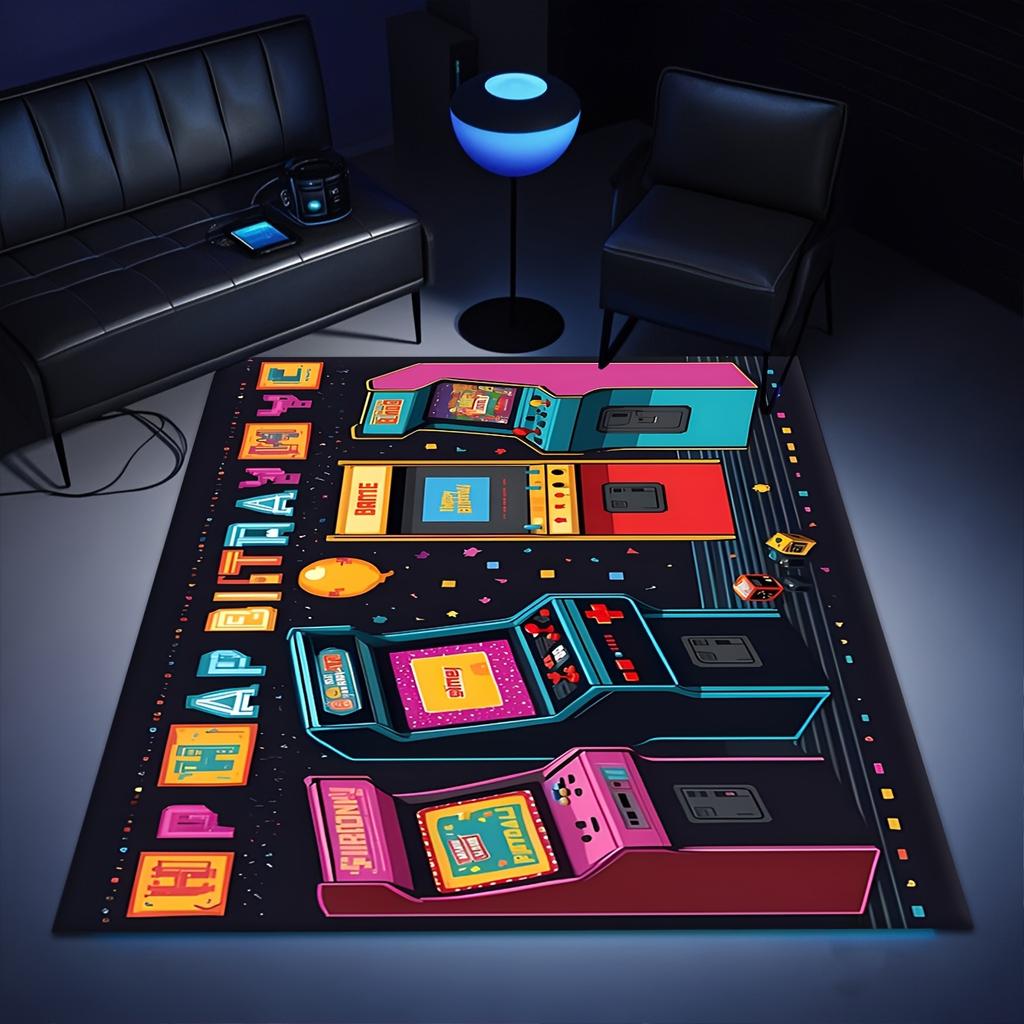 Яркий узор аркадной игры Коврик для зоны Полиэфирное волокно Нескользящая основа Машинная стирка Гостиная Спальня Офис