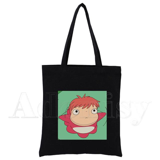 Холщовая черная сумка для покупок Ponyo, многоразовая тканевая сумка через плечо, подарочная сумка