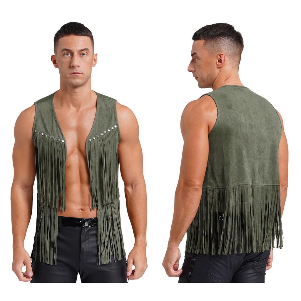Mens Western Cowboy Vintage Faux Suede Tassel Vest Tops Open Front Rivets Fringe Waistcoat Jacket Festival Rave Party Clubwear