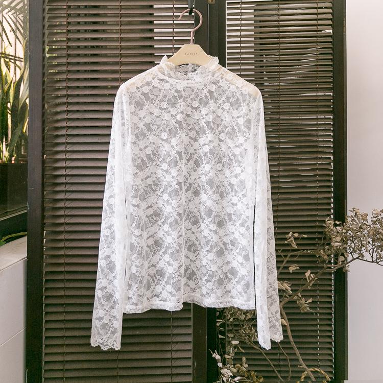 2024 Тонкий корейский кружевной сетчатый пуловер - полувысокий воротник, телесный цвет