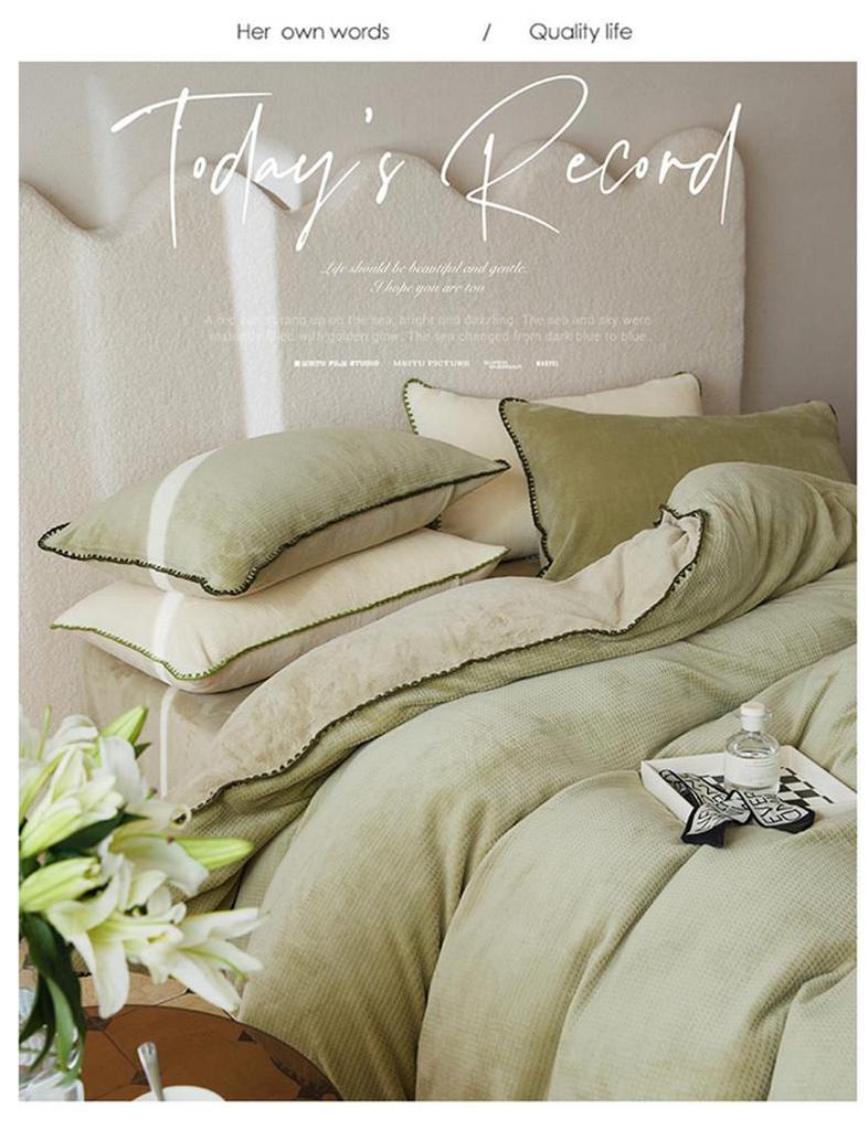 Скандинавский легкий люкс Коралловый флис Зимний постельный набор - Вафельный молочный вельвет, Двусторонний пододеяльник и простыня