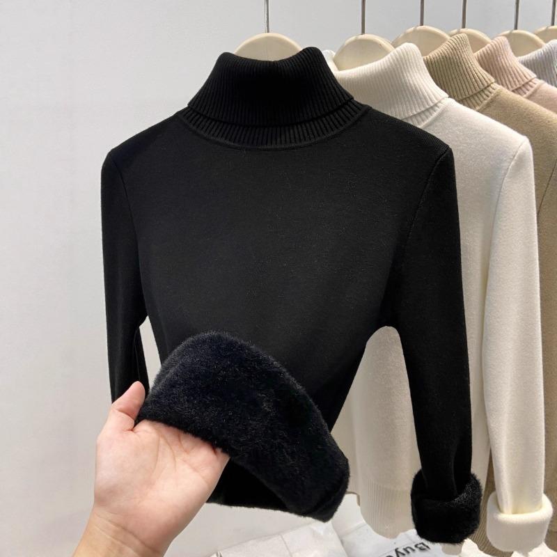 Autumn and Winter New Semi-turtleneck Fleece Sweater Bottoming Shirt Women's Integrated Fleece Thickened, Warm and Slim, Knitted Inside