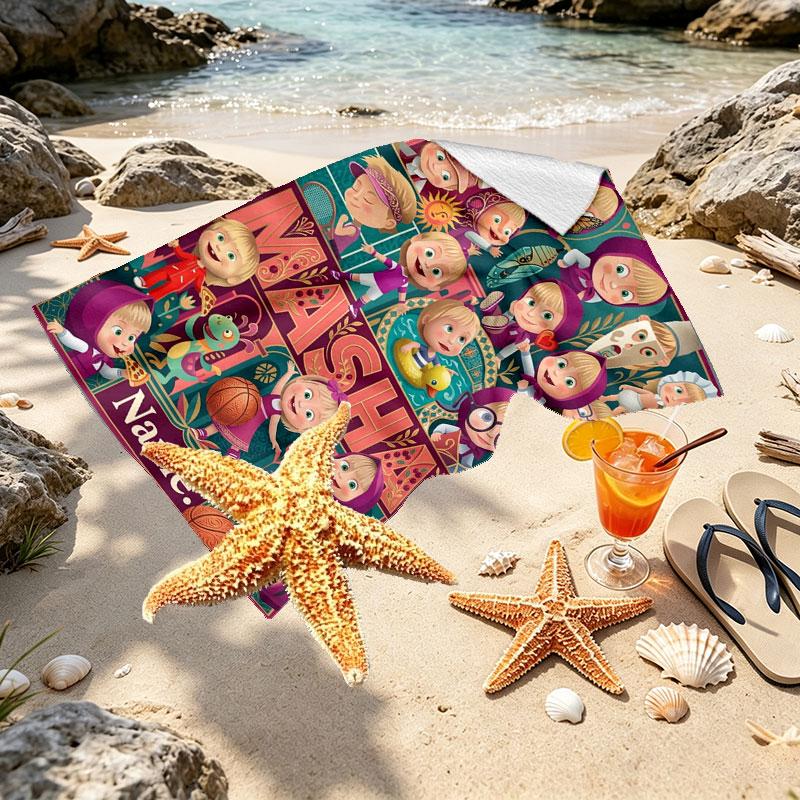 Custom Name Personalized Masha and the Bear Print Beach Towel, for Trip Camping Beach Party Home Decor, Birthday Gift for Family & Friends