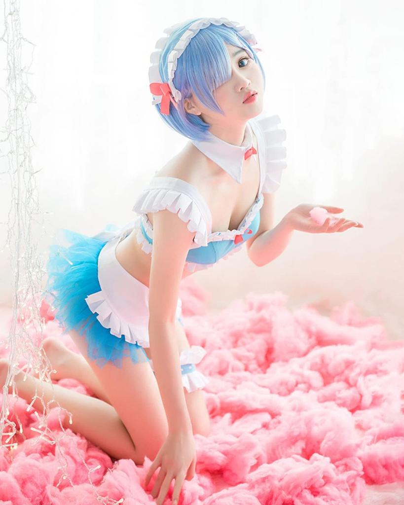 milky time ReZero Rem Cosplay Swimsuit Bikini “Isekai-type” with Wig, Size M, Color Rem/Isekai-type