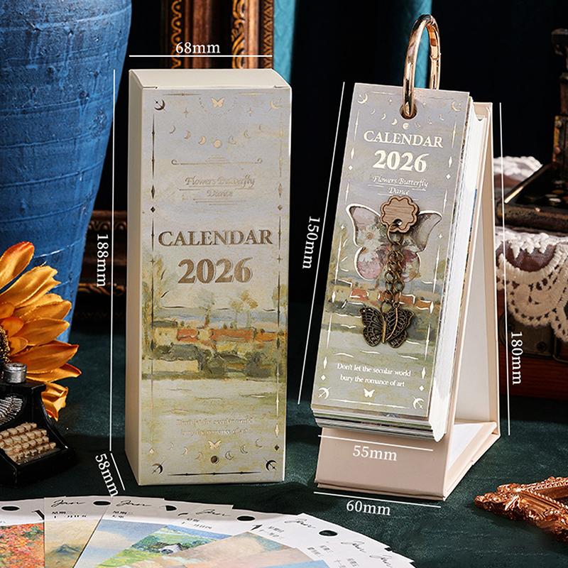2026 Desk Calendar Vintage Oil Painting Inspirational Quotes One-Way Page Turn Daily Planner