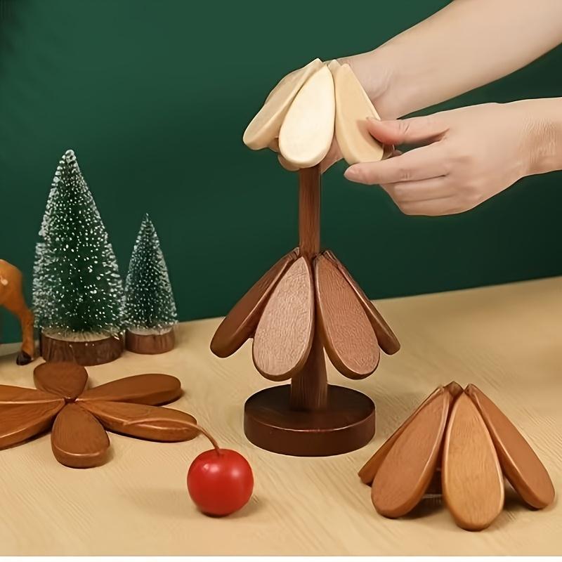 1/2set Wooden Christmas Tree Coaster Heat-Resistant Pad Set Multi-functional Table Mats for Home Kitchen Dining Holiday Decor