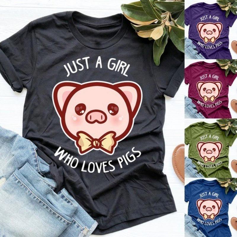 Футболка с принтом Just A Girl Loves Pigs для женщин с коротким рукавом и круглым вырезом, свободная футболка, летняя женская футболка, топы, женские рубашки
