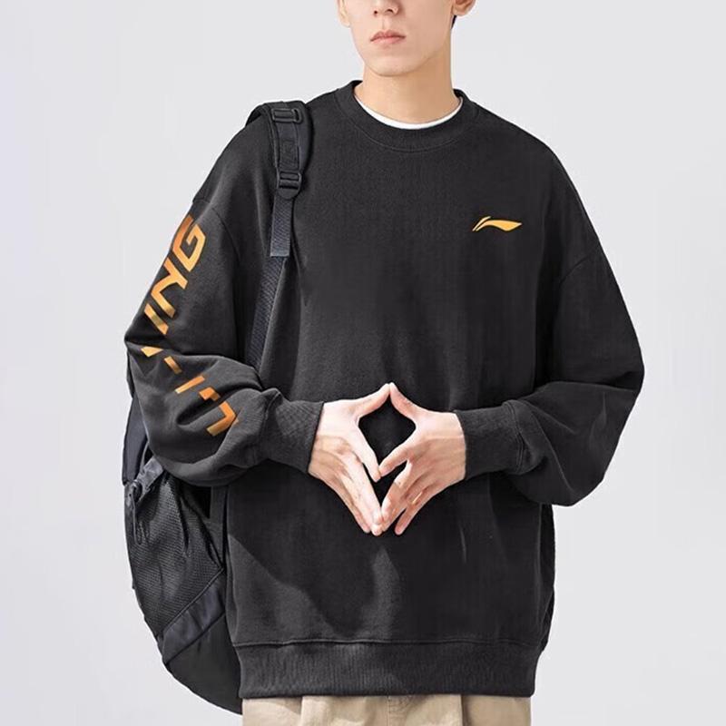 Li Ning Brand Logo Пара Повседневный спортивный свитер с круглым вырезом Длинный рукав Флисовая толстовка Унисекс толстовка Черный YWDT533-2