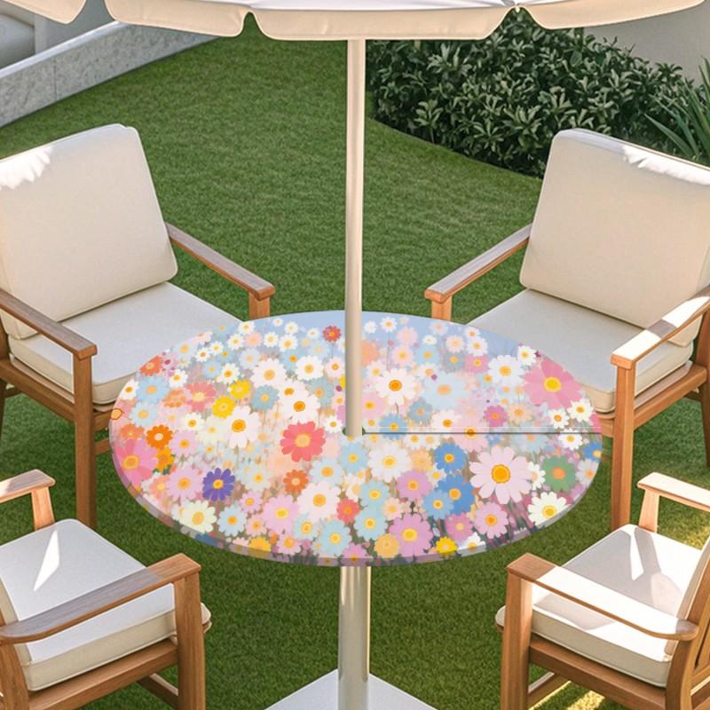 Outdoor Round Table Cover With Floral Leaf Print Waterproof Elastic Hem Patio Garden Dining