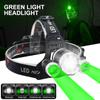 Powerful Headlamp White/Green Light Rechargeable Led Headlight 90° Adjustable Torch Outdoor Fishing Hunting Flashlight Lantern