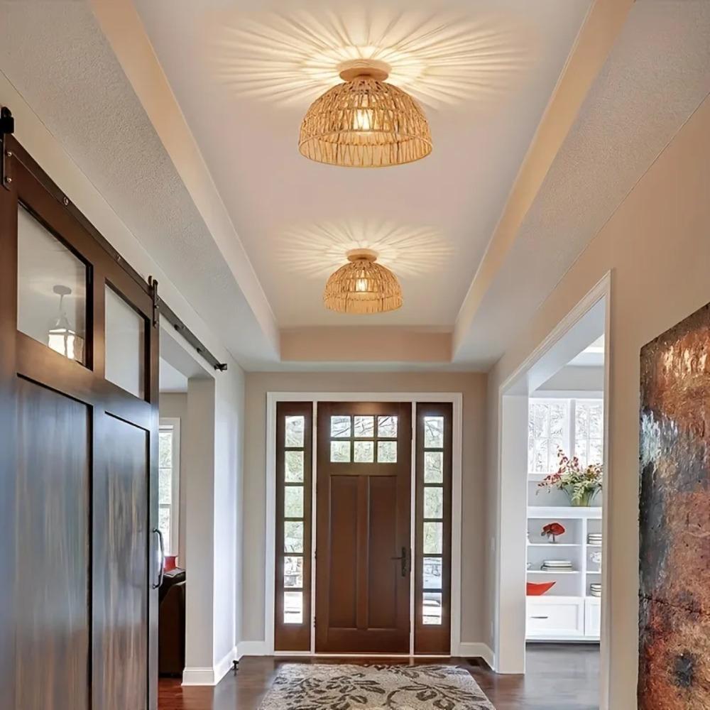 Japanese-style Hemp Rope Ceiling Chandelier E27 Hand-woven Rattan Ceiling Lamp Living Room Bedroom Home Decor Pendant Light