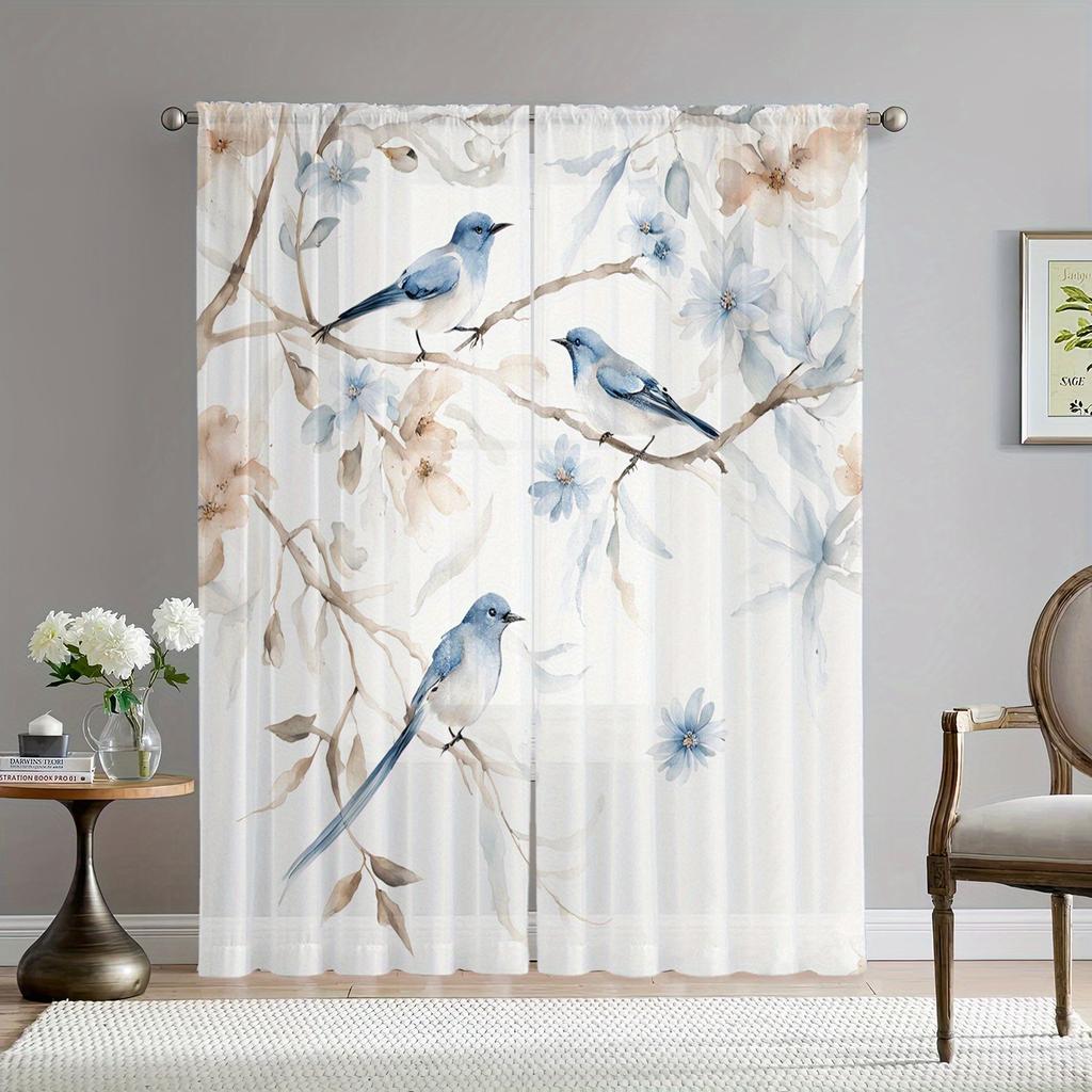 2Pc Gorgeous Blue Floral Print Curtains, Polyester Fabric, Machine Washable, Suitable For Living Rooms And Bedrooms