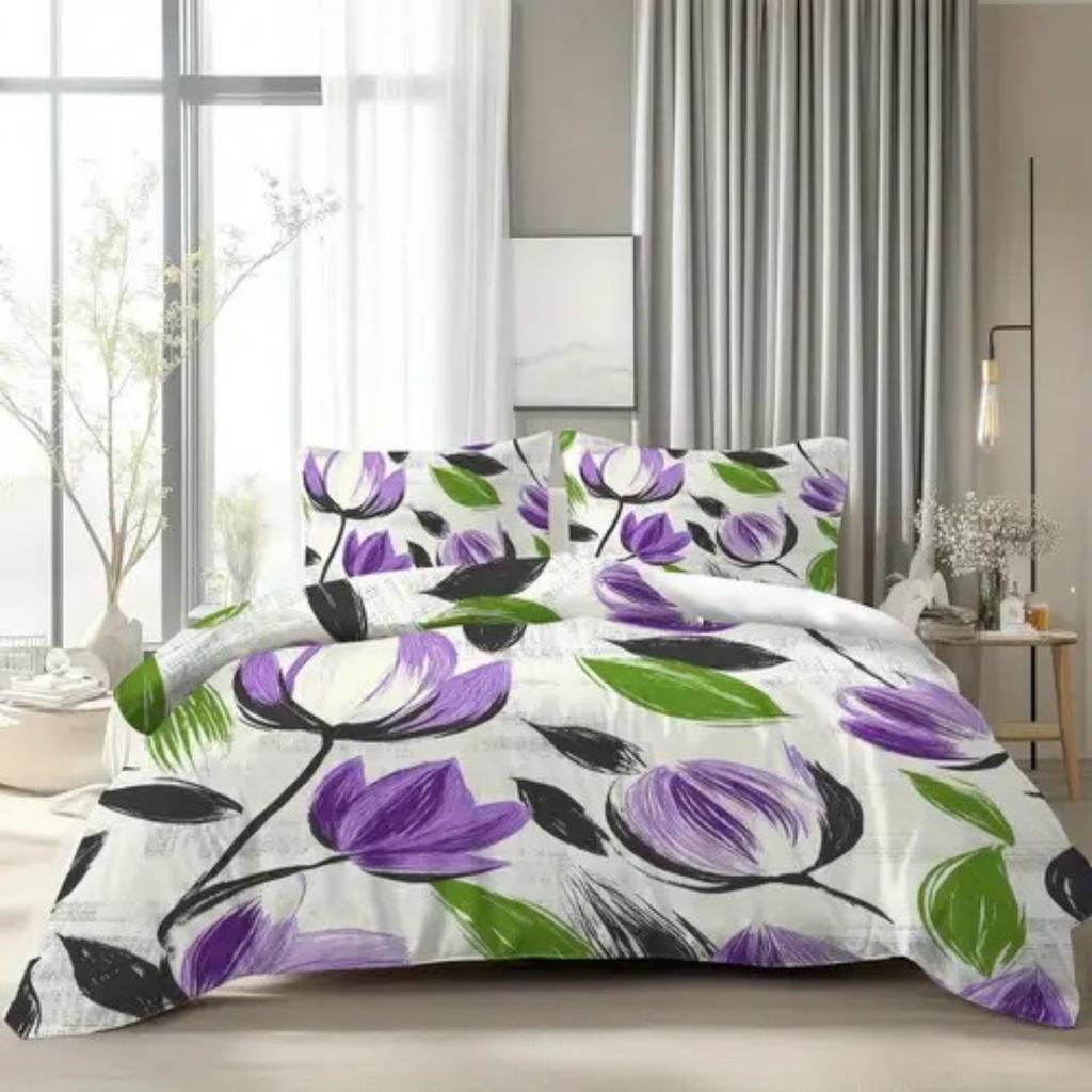 Пододеяльник с узором из фиолетовых цветов в стиле легкой роскоши, размер Queen King, 3D-печать, мягкое и удобное постельное белье, комплект из 3 предметов