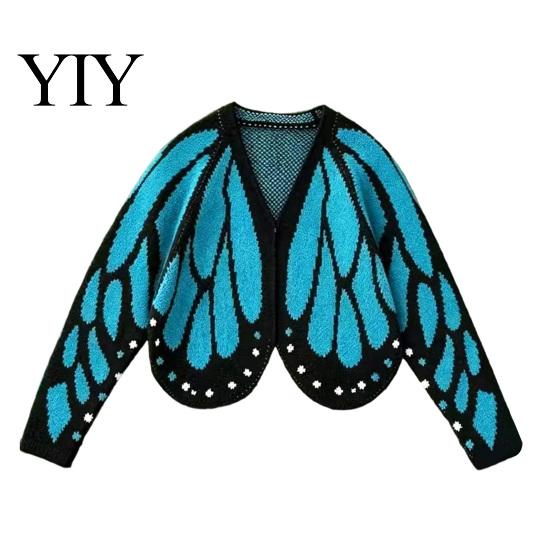 Soft Polyester Butterfly Pattern Sweater Knit Shawl Cardigan, Batwing Sleeve Open Front Poncho Creative Music Festival Outfit Cape, Colorblock