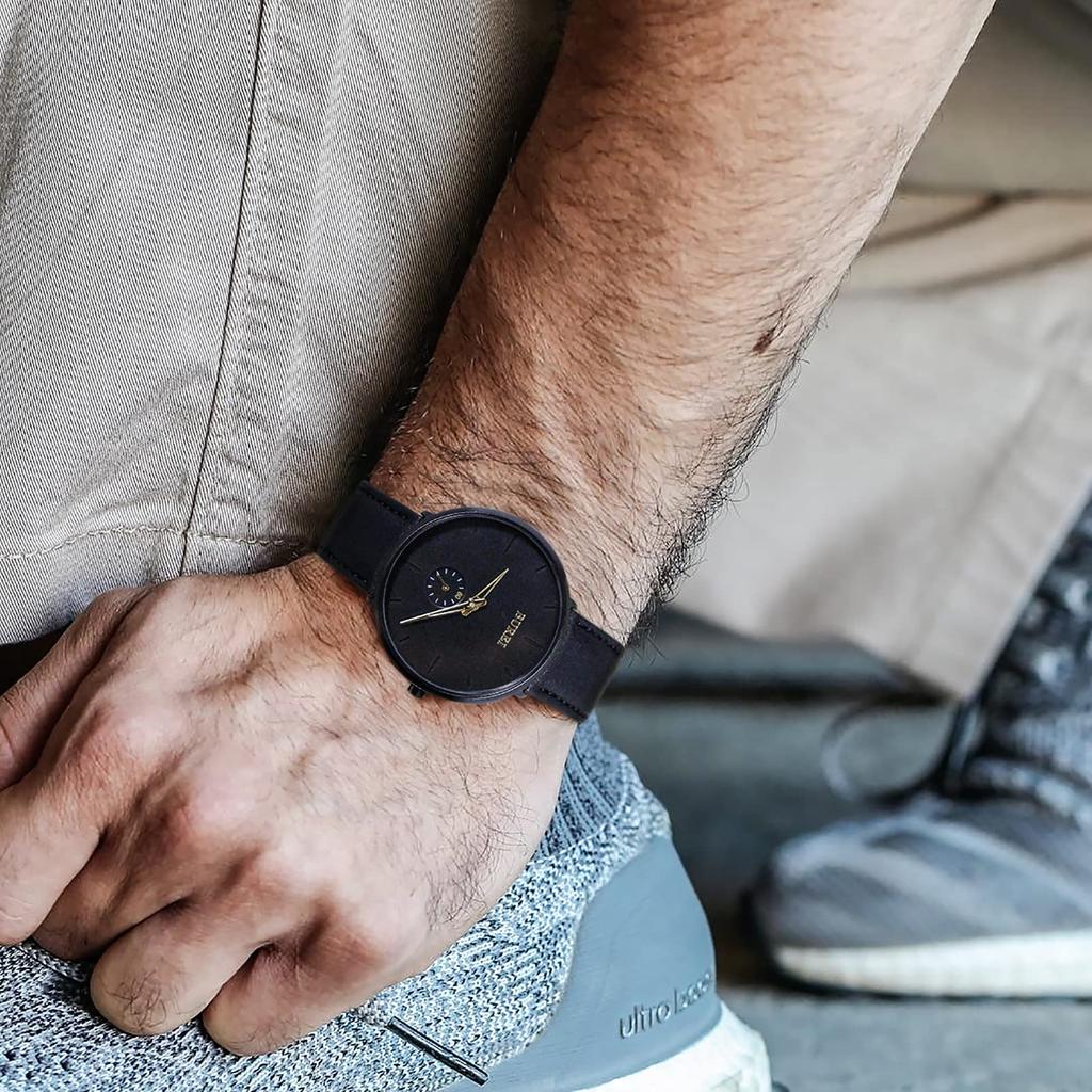 BUREI Men's Black Watch, Simple, Stylish, Popular, Waterproof, Designer Watch (Black-Gold, Leather)