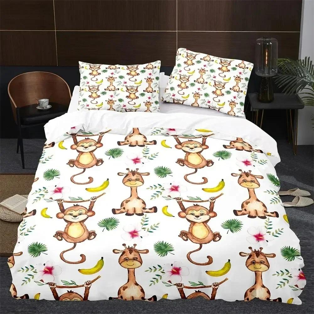Monkey Duvet Cover King Queen Lovely Cartoon Animal Bedding Set for Kids Boy Girl Green Jungle Tree Polyester Quilt Cover