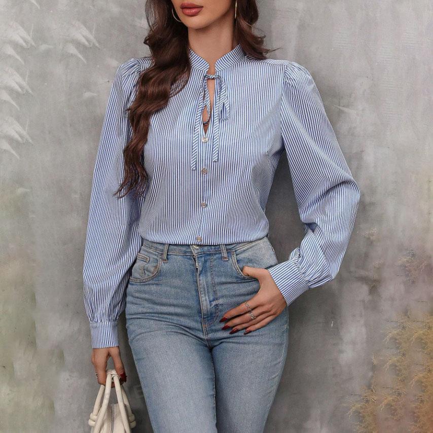 Женская весенняя повседневная рубашка с V-образным вырезом и застежкой на пуговицы в полоску с длинным рукавом