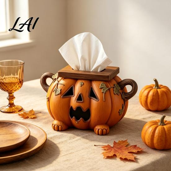 Autumn Seasonal Gifts Halloween Pumpkin Tissue Decorative Facial Resin Box Holder Funny Face Holder Cover for Home Office Kitchen Living Room