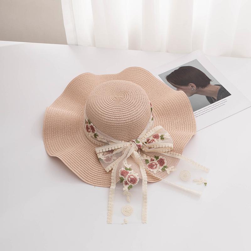 Straw Wide Brim Sun Hat Bowknot Breathable Lace Up Beach Hats Sun Protection Elasticity Hat for Women