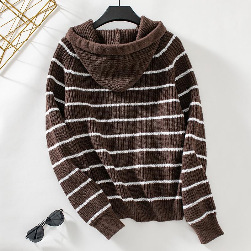 Women's Hooded Knit Loose Pocket Striped Cardigan Sweater