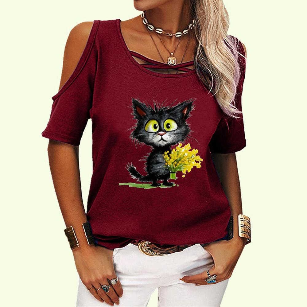 Женская модная футболка с открытыми плечами, женская повседневная футболка с круглым воротником, летний принт, короткий рукав, футболка