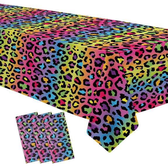 Leopard Party Decorations Tablecloth, 3Pcs Disposable Cheetah Print Birthday Party Tablecover Supplies, Iridescent Rainbow Leopard Birthday Table