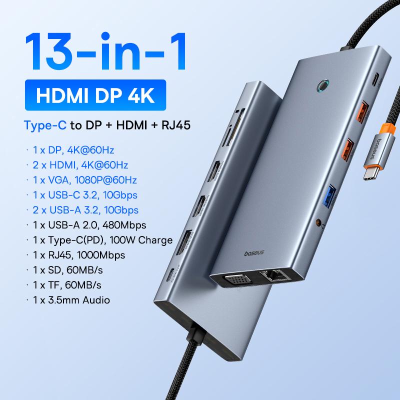 Baseus USB C ХАБ Двойной HDMI 8K 4K Адаптер 10-в-1 USB 3.2 10 Гбит/с Разветвитель с RJ45 SD TF Type C PD 100 Вт для MacBook Pro Air ХАБ