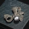 Shining Crystal Memorial Black Pearl Bow Brooch Vintage Pin  For Funerals and Mourning