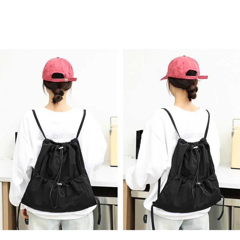 IELGY Japanese Casual Art Canvas Backpack, Fashionable Drawstring Pleated Schoolbag, Nylon Large-capacity Backpack, Khaki.