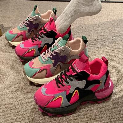 Женские цветные массивные кроссовки, вулканизированная обувь, женские кроссовки на платформе, шнуровка, толстая подошва, нескользящая, повседневная спортивная обувь 2024