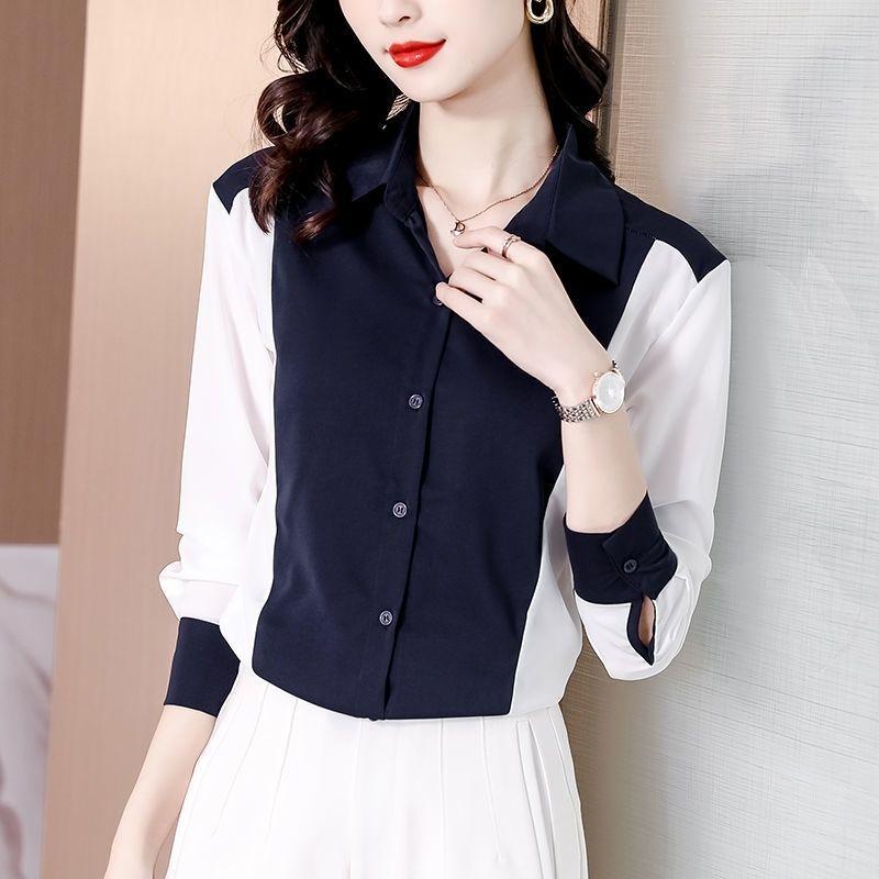 Chiffon Shirt Women's Spring Autumn New Color Contrast Fashion Long Sleeved Top Turn Down Collar Bottoming Blouse S-3XL