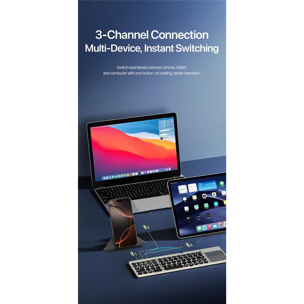 Складная мини-клавиатура Bluetooth с тачпадом и держателем для телефонов, планшетов, ПК. Совместима с iOS, Android, Windows, Mac.