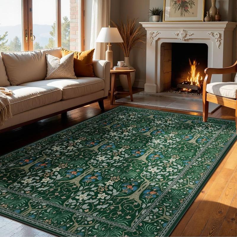 Retro Floral Living Room Carpet Non-slip Machine Washable Floor Mat Modern Light Luxury Sofa Coffee Table Rug Home Decoration