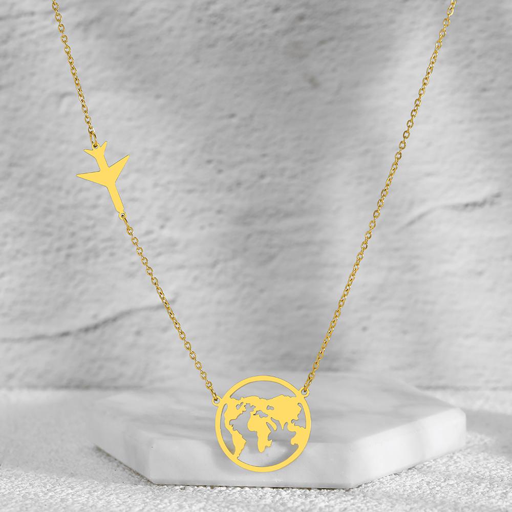 Stainless Steel Necklaces Airplane Globe Map Traveler Pendants Fashion Choker Chains Charms Male Necklace For Women Zircon Gift