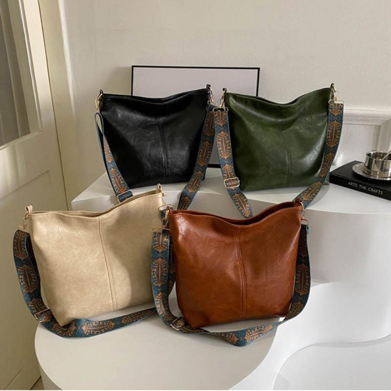 Винтажная женская сумка-тоут, модная сумка через плечо из искусственной кожи, вместительная, простая, с широким ремешком, сумка-ведро через плечо, модная