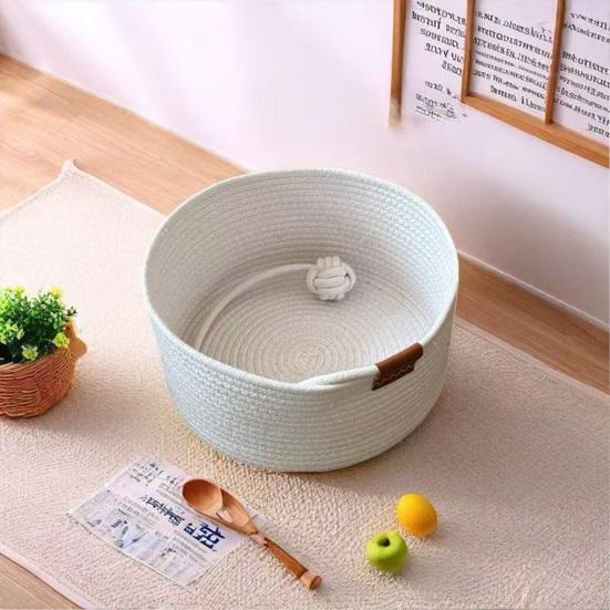 Round Cat Bed Basket Cotton Rope Woven Pet Bed with Cute Flower Toy Ball Breathable Cat Basket for All