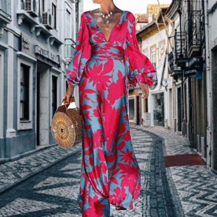Women Fall Red Rose Print Deep V-neck Lantern Sleeve Empire Waist Party A-line Maxi Dress