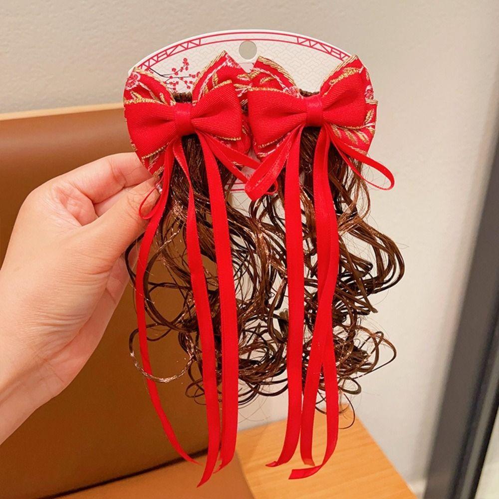 2 шт. детский парик-бантик в китайском стиле, вьющиеся волосы, красная заколка-бантик, новогодняя праздничная