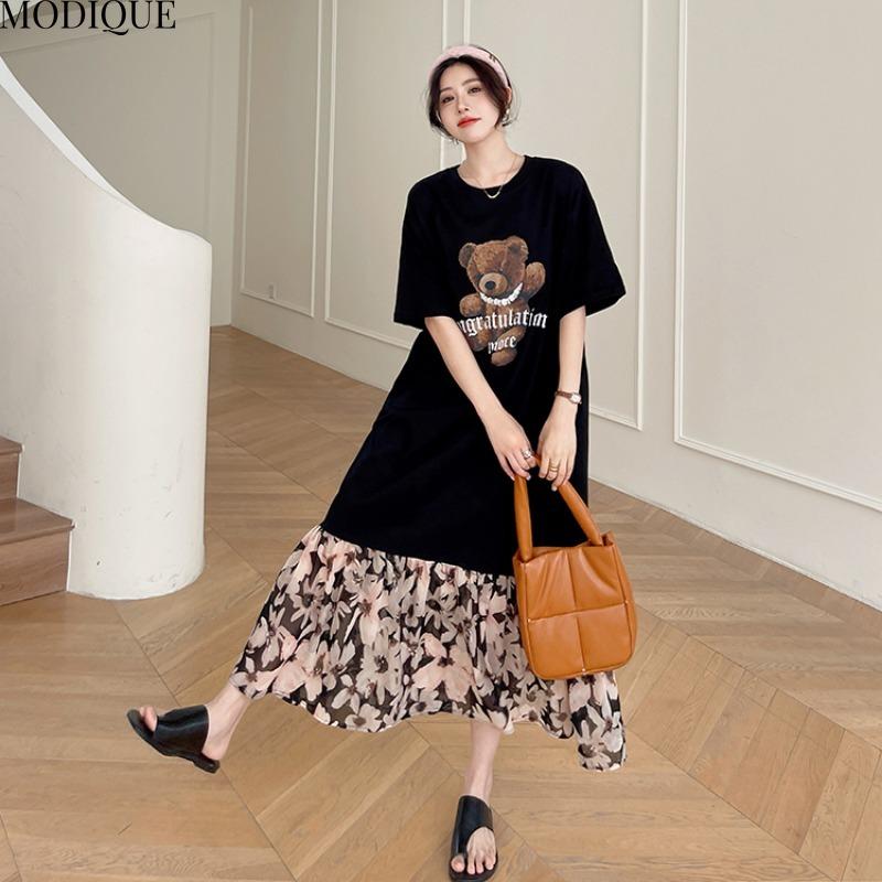 MODIQUE Summer Plus Size New Women Loose Bear Printding Floral Pleated Patchwork Long Dresses Female Casual Short Sleeve O-Neck Dresses