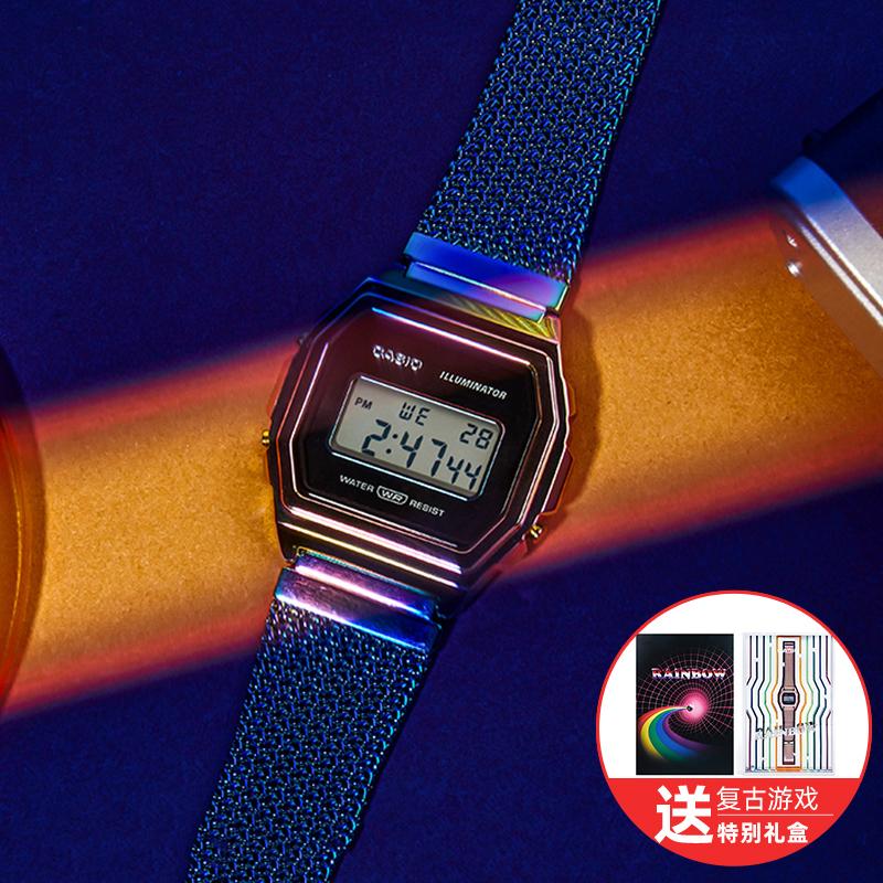 Casio Серия VINTAGE - квадратные ретро металлические маленькие квадратные спортивные часы радужного цвета кварцевый механизм нержавеющая сталь тканевый ремешок японский A1000PRW-1PRD