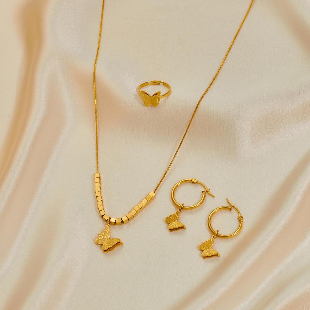 Комплект женских украшений из нержавеющей стали: Не тускнеющее ожерелье, серьги и кольцо - Модные аксессуары