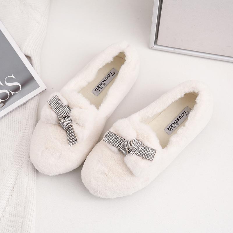 Модные женские мокасины с кристаллами и мехом, зимние мокасины с бантом, теплые туфли на плоской подошве с круглым носком, криперы, плюшевые, удобные, меховые, хлопковые туфли для женщин