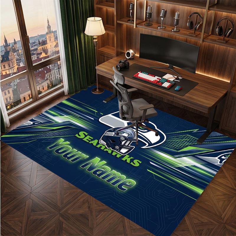 Seattle Seahawks Personalized Crystal Velvet Carpet, Customized Name Text Soft Anti‑Slip Rug for Living Room Bedroom