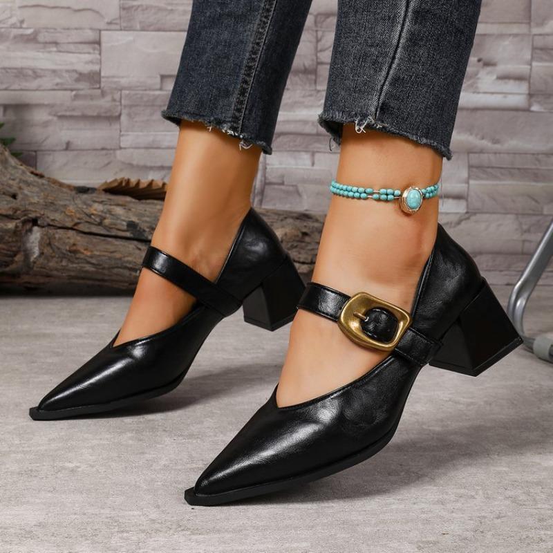 Осень зарубежные толстый каблук пряжка-одно слово Мэри Джейн маленькие кожаные туфли женские европейский и американский стиль острый V-образный вырез каблук одинарные туфли