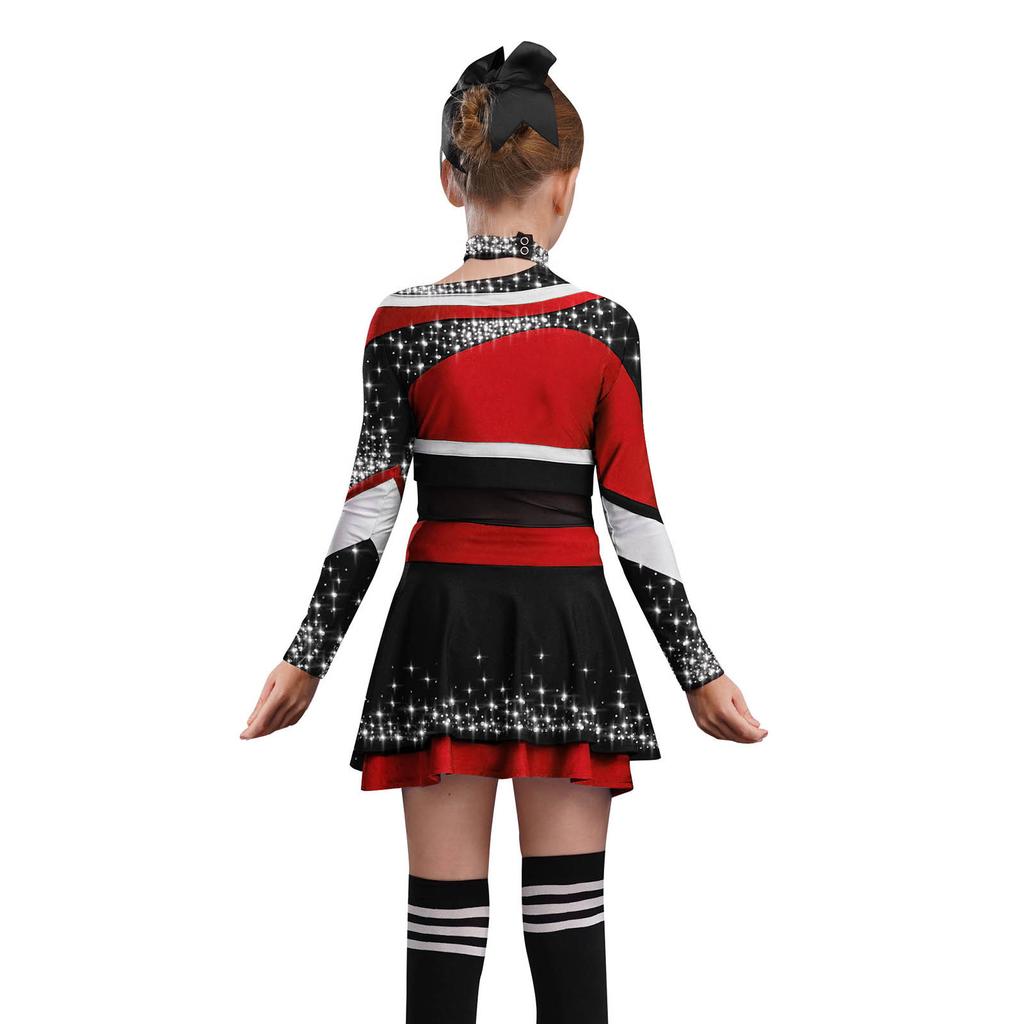 Girls Stage Performance Costume Long Sleeve Letter Print Shiny Rhinestones Color Block Cheerleading Set