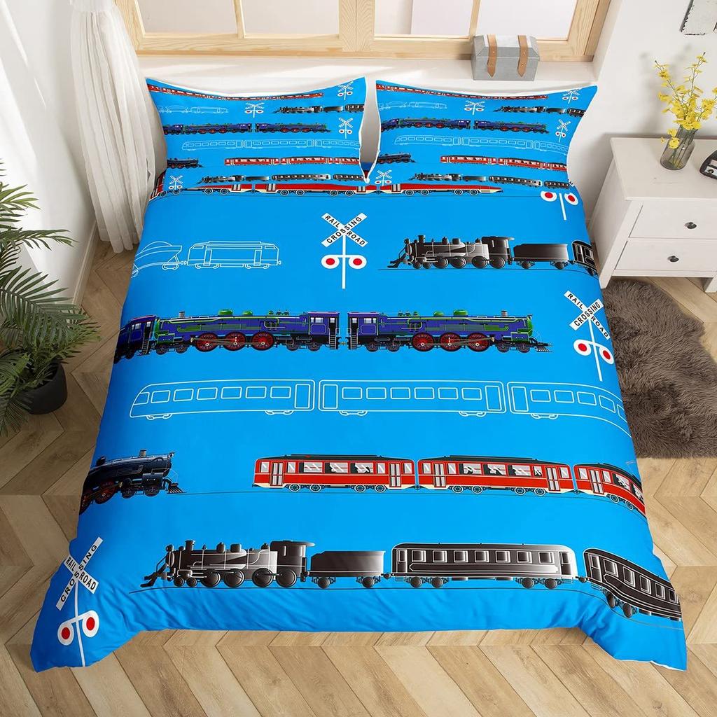 Children'S Train Theme Quilt Set Three-Piece Train Railway Track Duvet Set